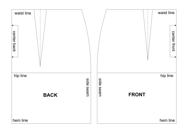 Half size skirt pattern (back and front part) for practicing pattern altering and modification methods.