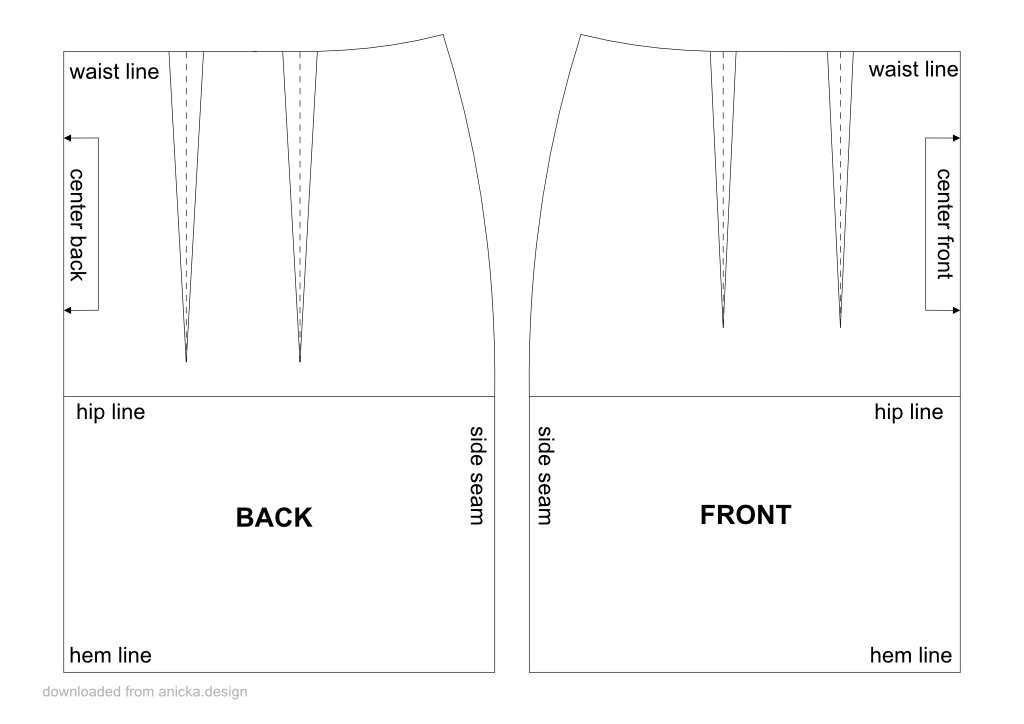 Half-size basic skirt block template for learning basic dart manipulation techniques.