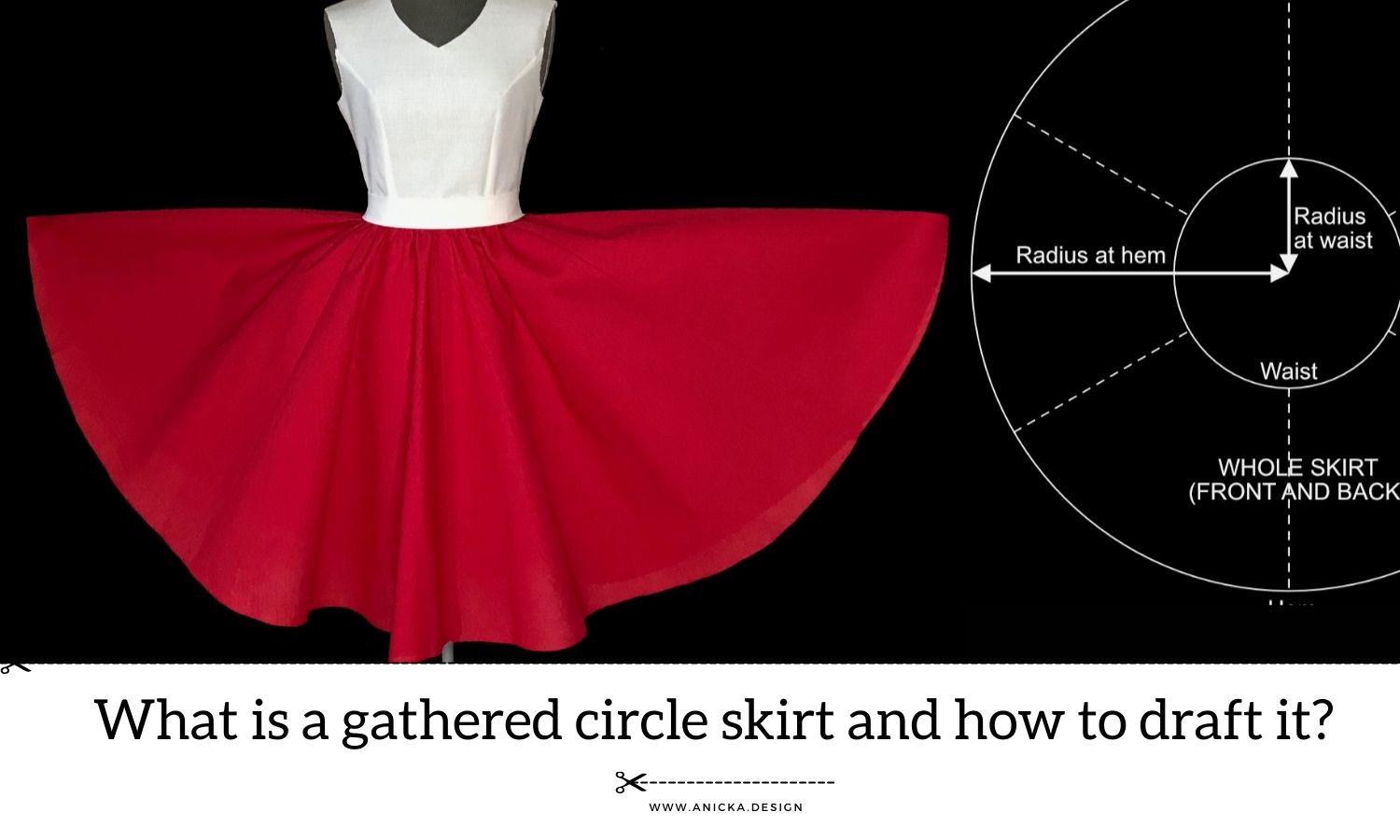 Red gathered circle skirt and gathered circle skirt pattern.