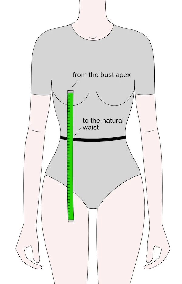 Measuring the bust to waist length using a tape measure.