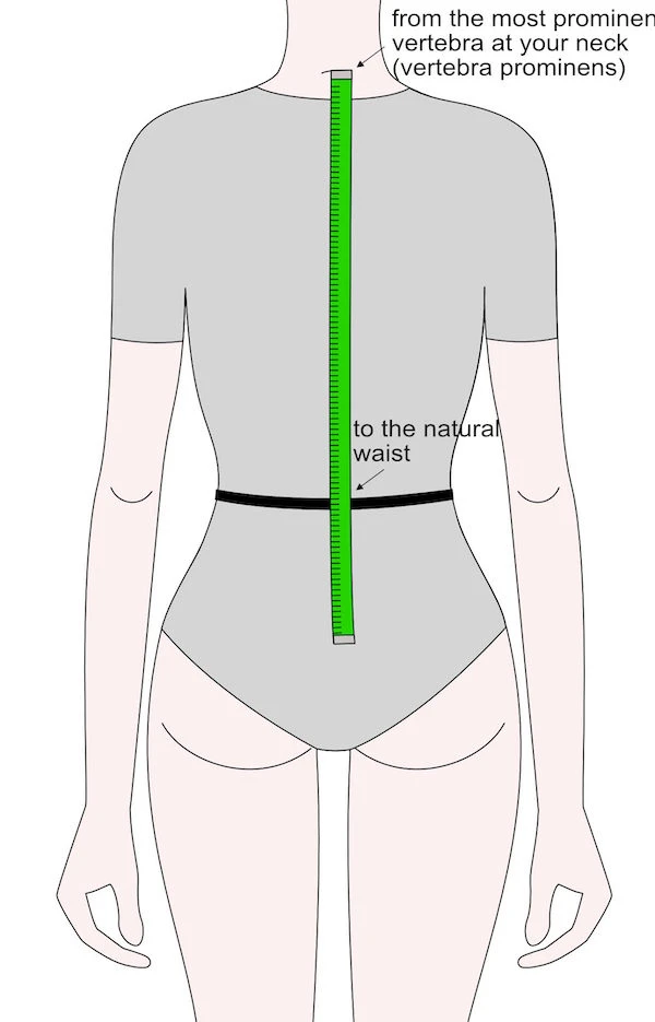 Measuring the bodice length from the neck to the natural waist.