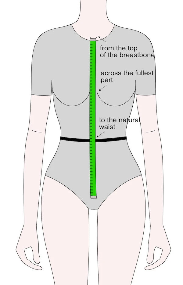 Measuring the bodice front length at the centre. That is: from the breastbone to the natural waist.