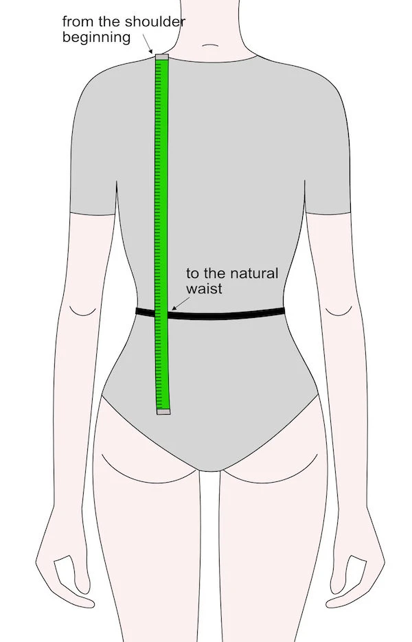 Measuring the bodice length from the shoulder to the waist.