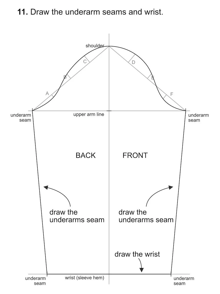 Marking the arm length on a vertical line that is the centre of a basic sleeve pattern.