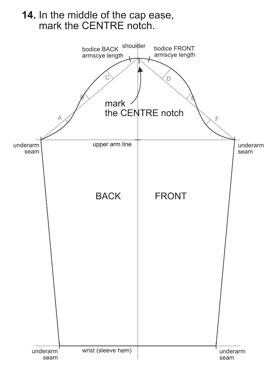 Marking the arm length on a vertical line that is the centre of a basic sleeve pattern.