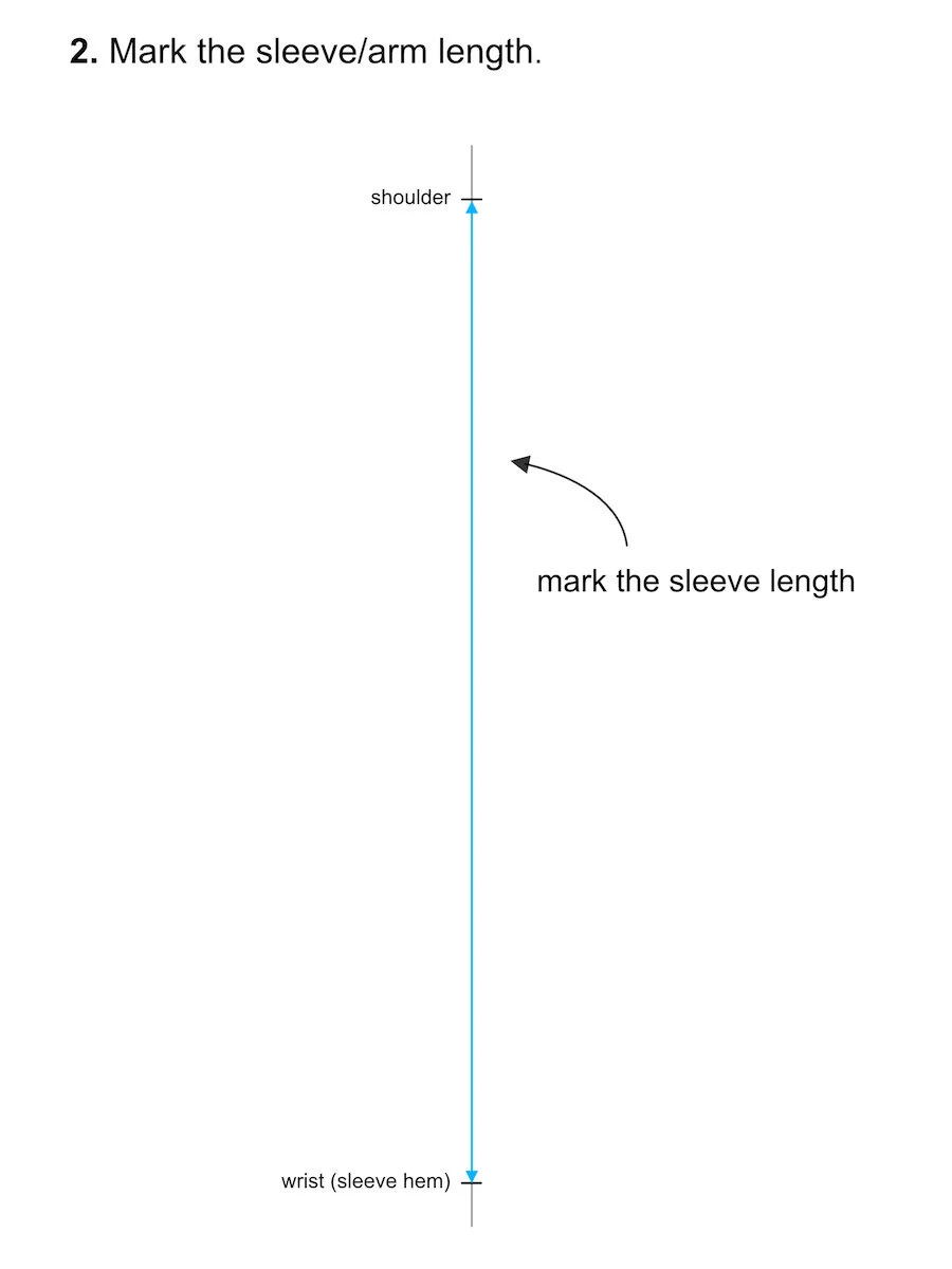 Marking the distance between the shoulder tip and wrist that will be the sleeve/arm length.