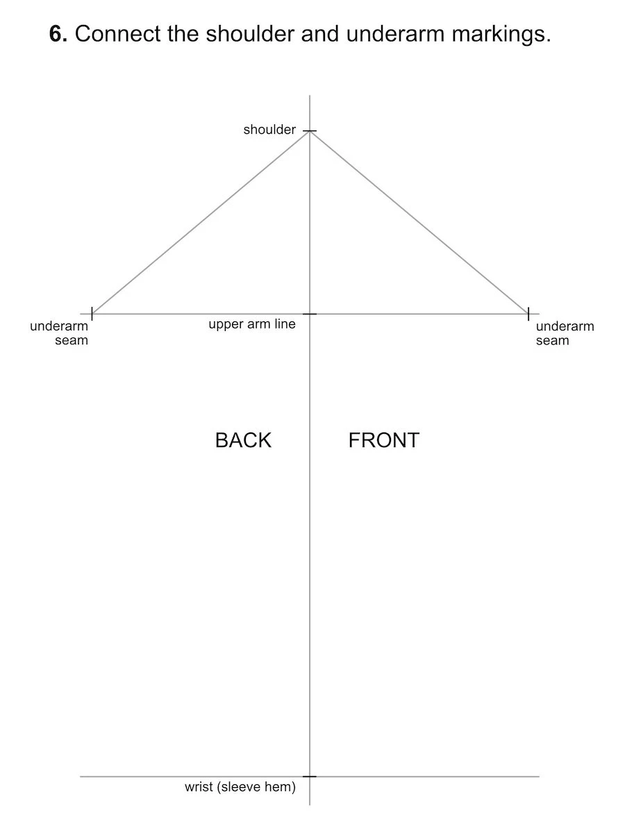 Marking the arm length on a vertical line that is the centre of a sleeve pattern.