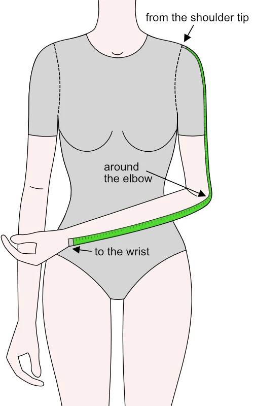 Measuring the arm length from the tip of the shoulder to the wrist with a tape measure.