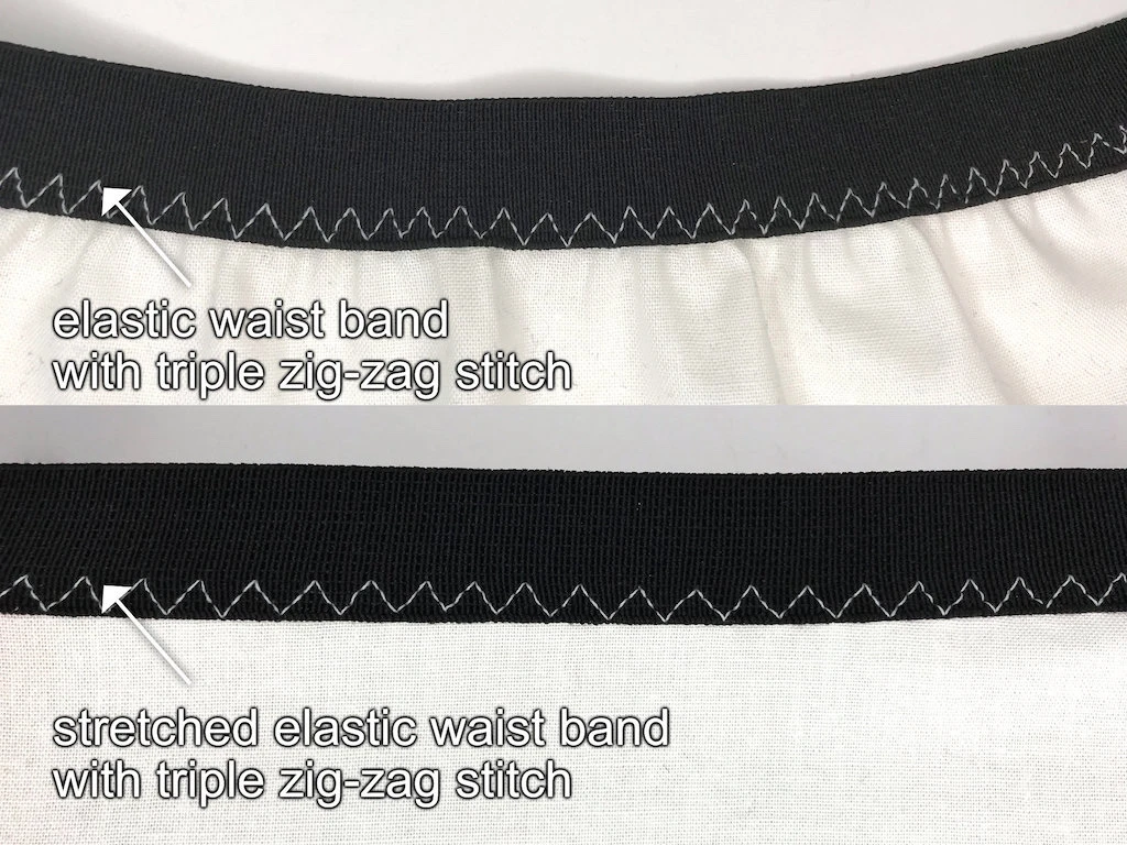 Three step zig-zag stitch on an elastic waistband.