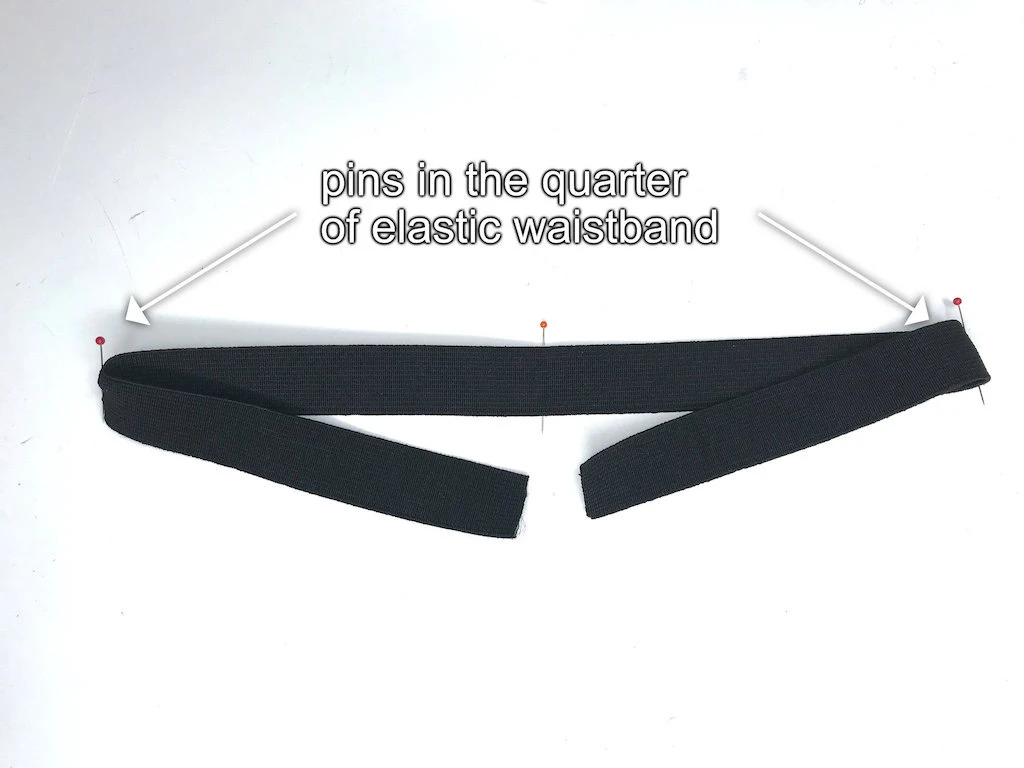 Pin in quarters of elastic waistband.