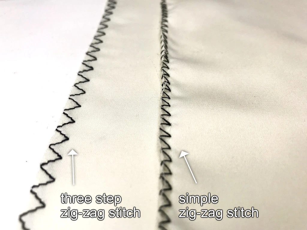Three step zig-zag stitch and simple zig-zag stitch difference on a seam finish.