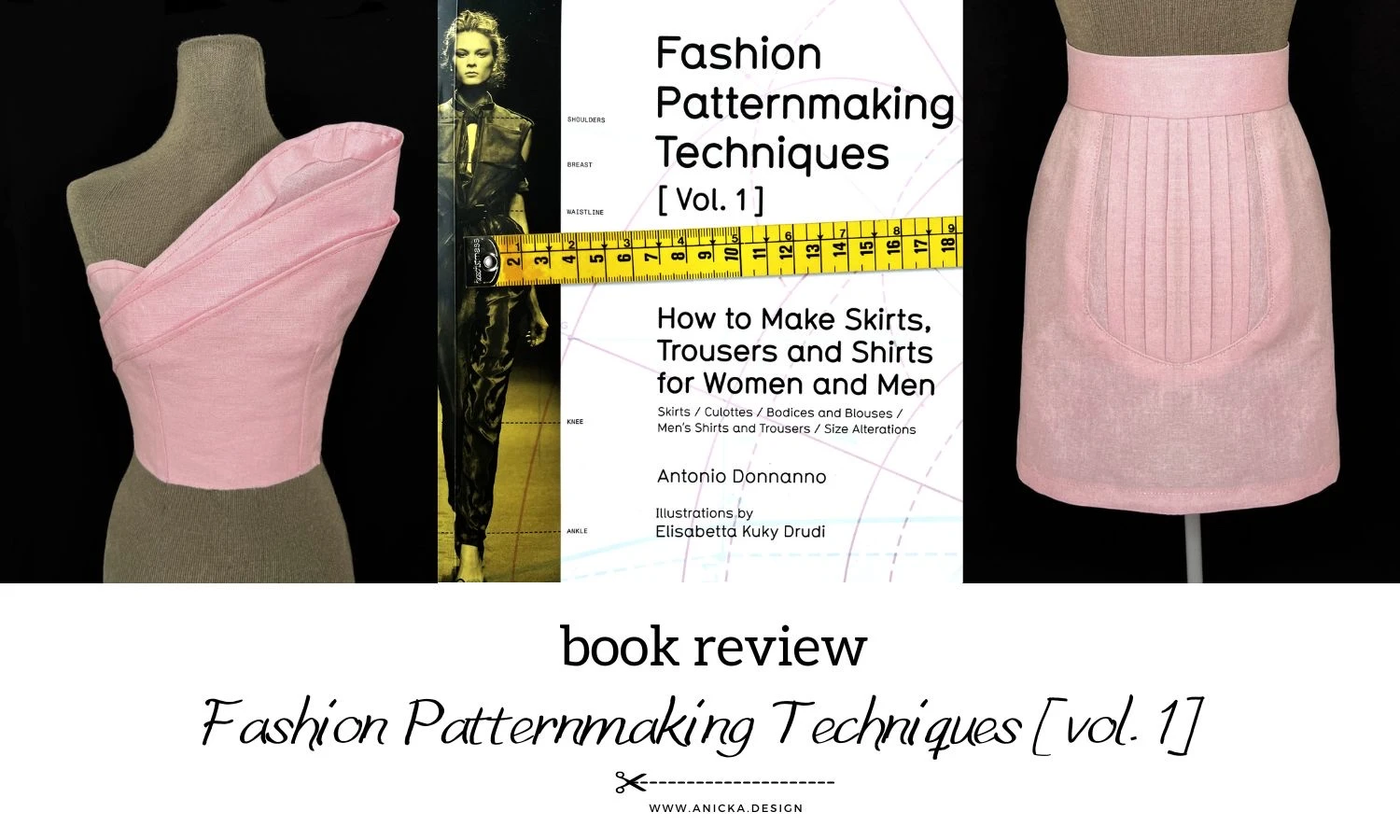 The cover image of FashionPatternmaking Techniques [vol. 1] by Antonio Donnano book. Pink skirt with pleats at the front and a pink fancy bodice with large decorative folds.