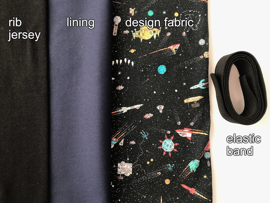 Different fabrics needed to sew a DIY Luna Lovegood black skirt.