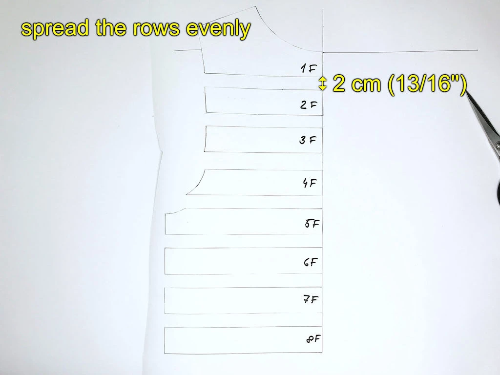 A bodice FRONT pattern piece prepared to be transfered on fabric.