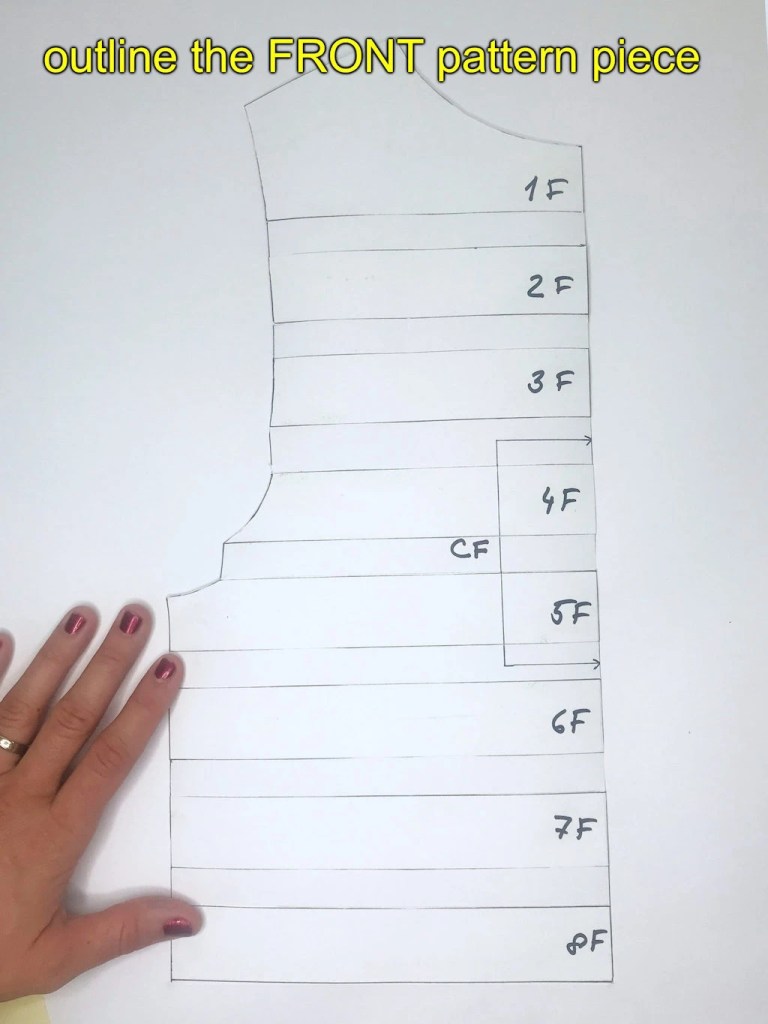 A bodice FRONT pattern piece prepared to be transfered on fabric.
