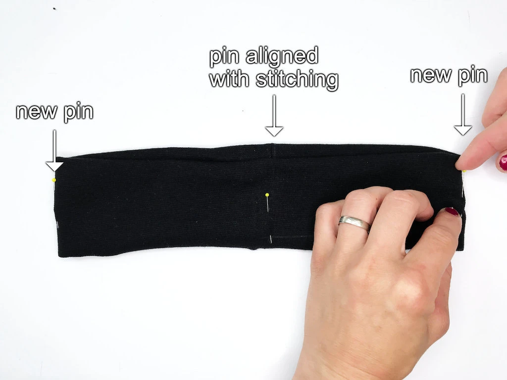 Dividing an elastic waistband casing into quarters.