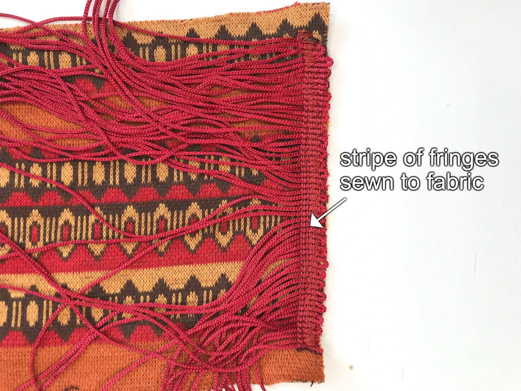 Stripe of fringes sewn to fabric.