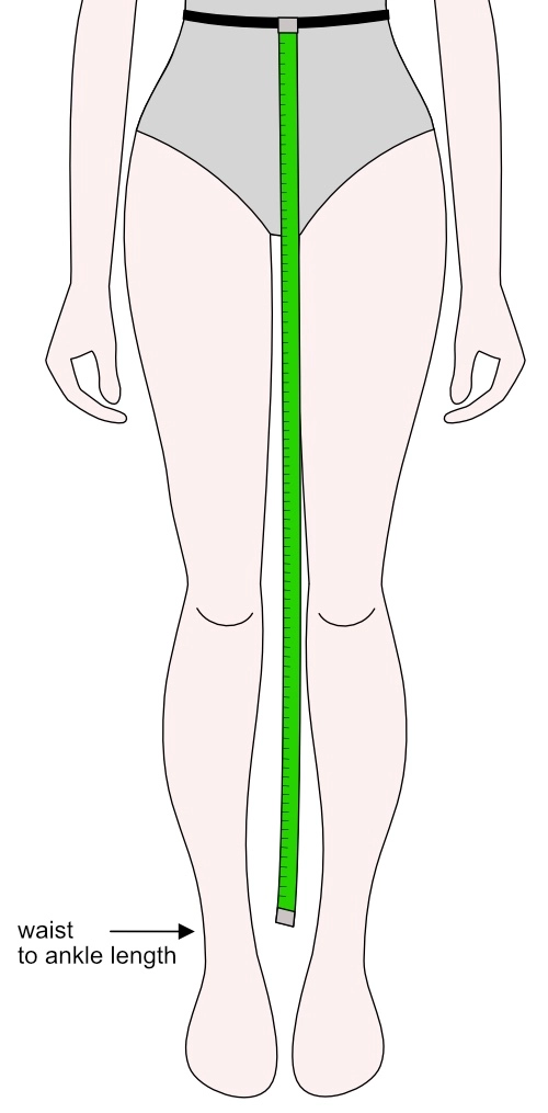 A drawing of a person’s lower torso and legs in underwear, with a measuring tape from the waist to the ankle, labeled 