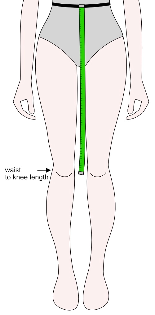 A drawing of a person’s lower torso and legs in underwear, with a measuring tape from the waist to the knee, labeled 