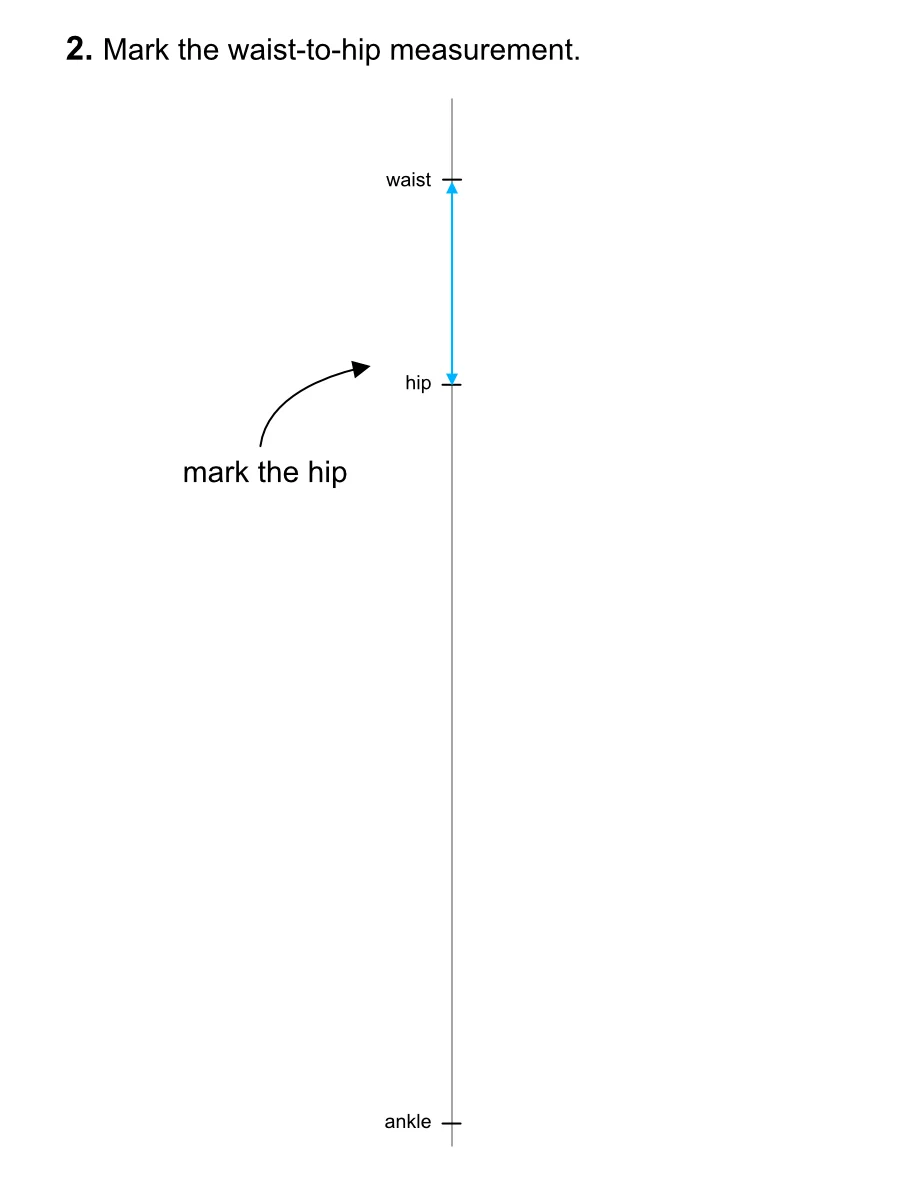 Marking a waist to hip length measurement on a vertical line.