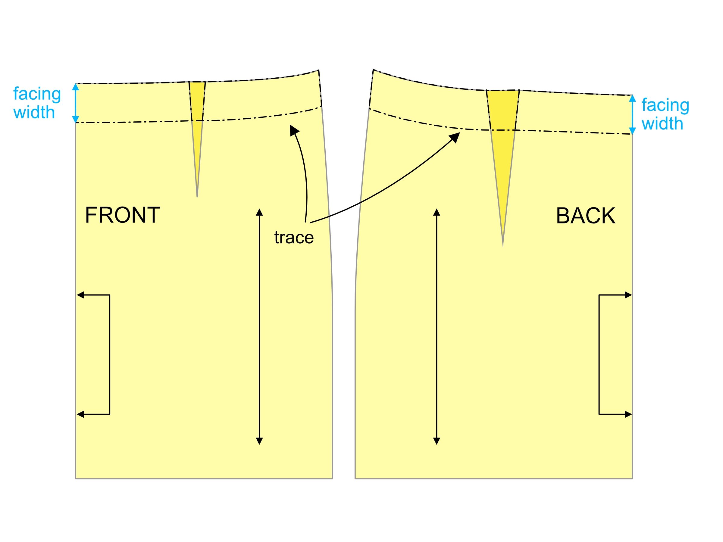 Drawing the curved part of the waist of a garment using a French curve or flexible ruler.