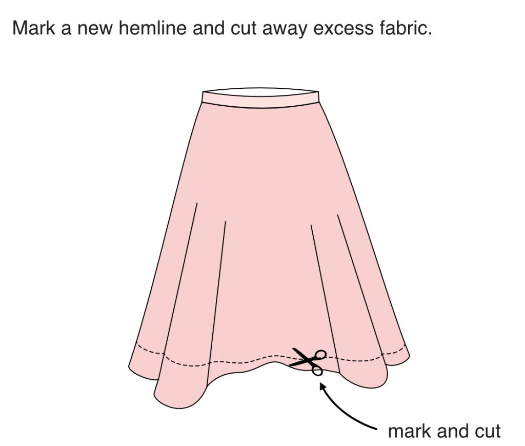 Marking a new hemline and clipping away excess fabric.