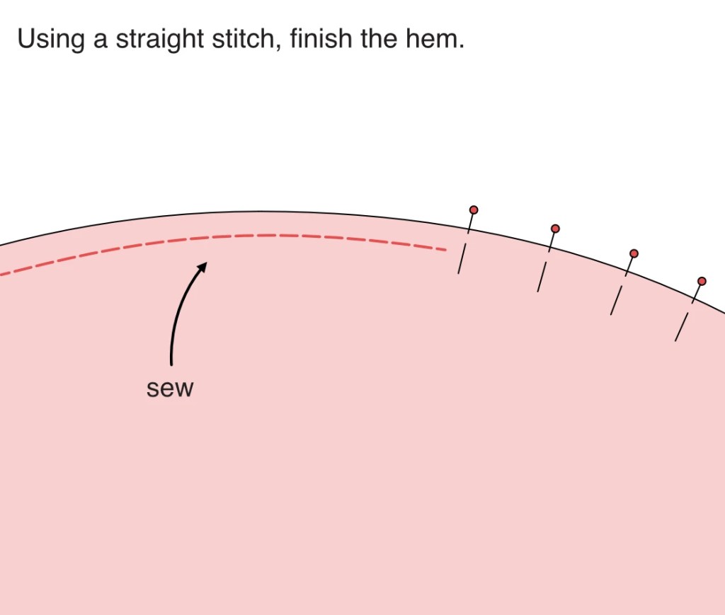 Sewing the hem of a circle skirt with a straight stitch.