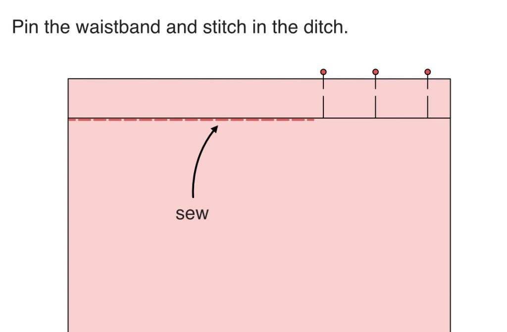 Stitching in the ditch in order to finish a waistband of a skirt.